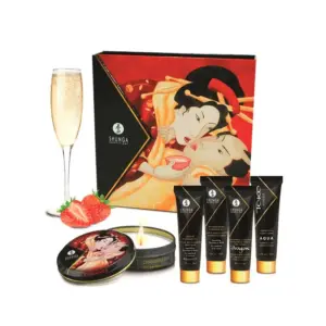 Shunga Geisha Secrets Kit - Erotikus masszázsolaj készlet (pezsgő-eper) - Image 3