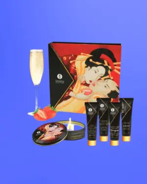 Shunga Geisha Secrets Kit - Erotikus masszázsolaj készlet (pezsgő-eper)
