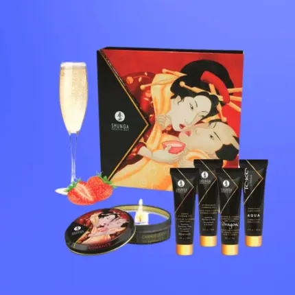 Shunga Geisha Secrets Kit - Erotikus masszázsolaj készlet (pezsgő-eper)