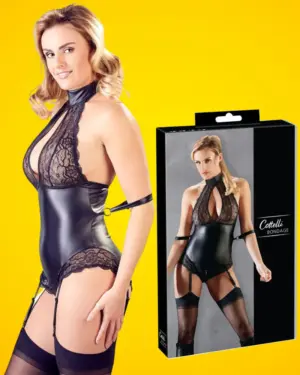 Cottelli Bondage - Csipkés-fényes body kézrögzítőkkel (fekete)