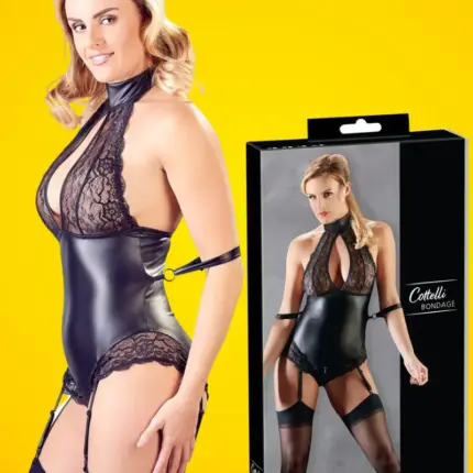 Cottelli Bondage - Csipkés-fényes body kézrögzítőkkel (fekete)