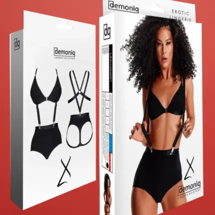 Demoniq LXArcelia001 - Kétrészes fekete szett kantáros sorttal