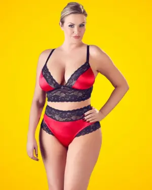 Cottelli Plus Size - Virágos csipke-szatén melltartó szett (fekete-piros)