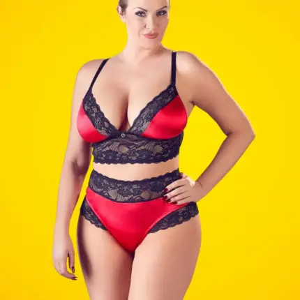 Cottelli Plus Size - Virágos csipke-szatén melltartó szett (fekete-piros)