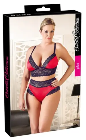 Cottelli Plus Size - Virágos csipke-szatén melltartó szett (fekete-piros) - Image 3