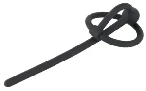 Penis Plug - Szilikon makkgyűrű üreges húgycsőrúddal (fekete) - Image 3