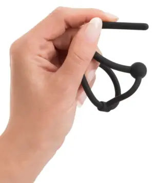 Penis Plug - Szilikon makkgyűrű üreges húgycsőrúddal (fekete) - Image 5