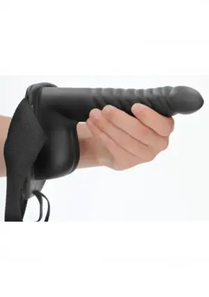 Ouch Ribbed Hollow Strapon 8'' - Felcsatolható dildó herékkel (fekete) - 21cm - Image 3