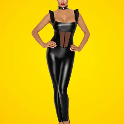 Noir Handmade F256 - Bőrhatású hosszú overál tüll berakással