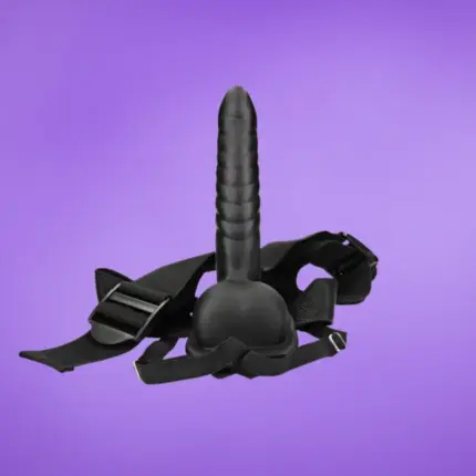 Ouch Ribbed Hollow Strapon 8'' - Felcsatolható dildó herékkel (fekete) - 21cm