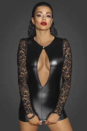 Noir Handmade F253 - Rövid bőrhatású ruha csipke berakással - Image 2