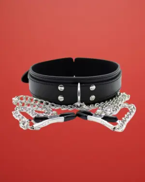 Fetish Addict - Nyakörv mellbimbó csiptetővel (fekete)