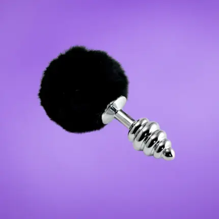 Lovetoy - Ezüst spirál análdugó fekete pomponnal