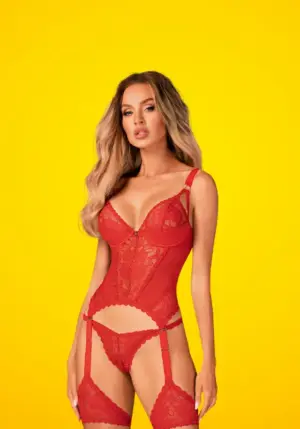 Obsessive Belovya - Csipkés fűző és tanga (piros)