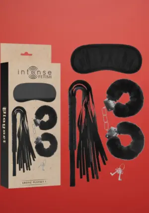 Intense - Fetish szett - bilincs, korbács, szemmaszk