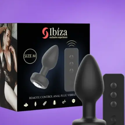 Ibiza - Akkus,távirányítós análdugó kristály kővel (fekete) M