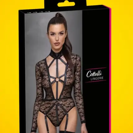 Cottelli - Áttetsző, dekoltált pántos body (fekete)