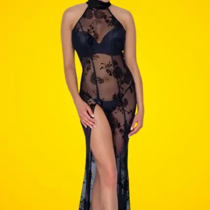 Noir Handmade - áttetsző, virágos, hosszú ruha (fekete)