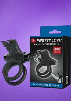 Pretty Love - Dupla gyűrűs rezgő péniszgyűrű pillangóval (fekete)