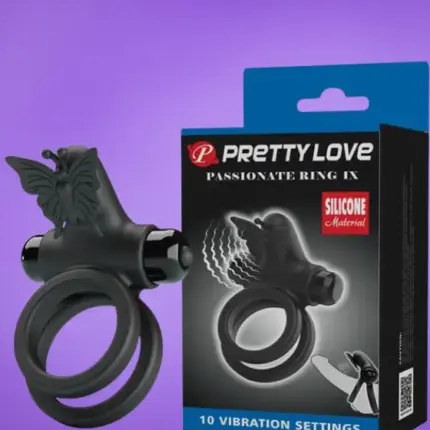 Pretty Love - Dupla gyűrűs rezgő péniszgyűrű pillangóval (fekete)
