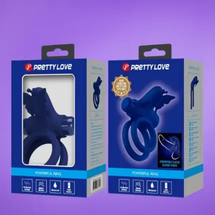 Pretty Love Jamele - Dupla péniszgyűrű pillangós csiklóstimulátorral (kék)
