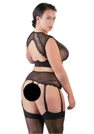 Cottelli Plus Size - Strasszos, csipke fehérnemű szett (fekete) - Image 2