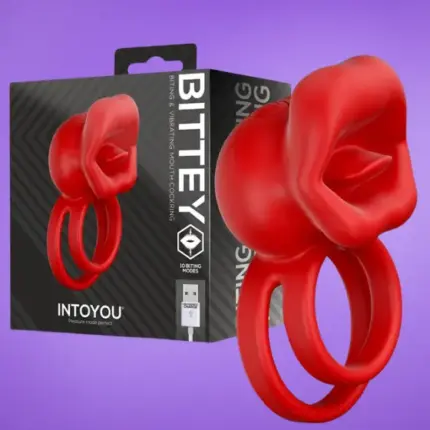Intoyou Bittey - Akkus péniszgyűrű nyelvvel (piros)