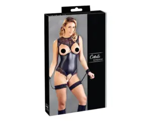 Cottelli Bondage - Csipkés-fényes nyitott body kézrögzítőkkel (fekete) - Image 3